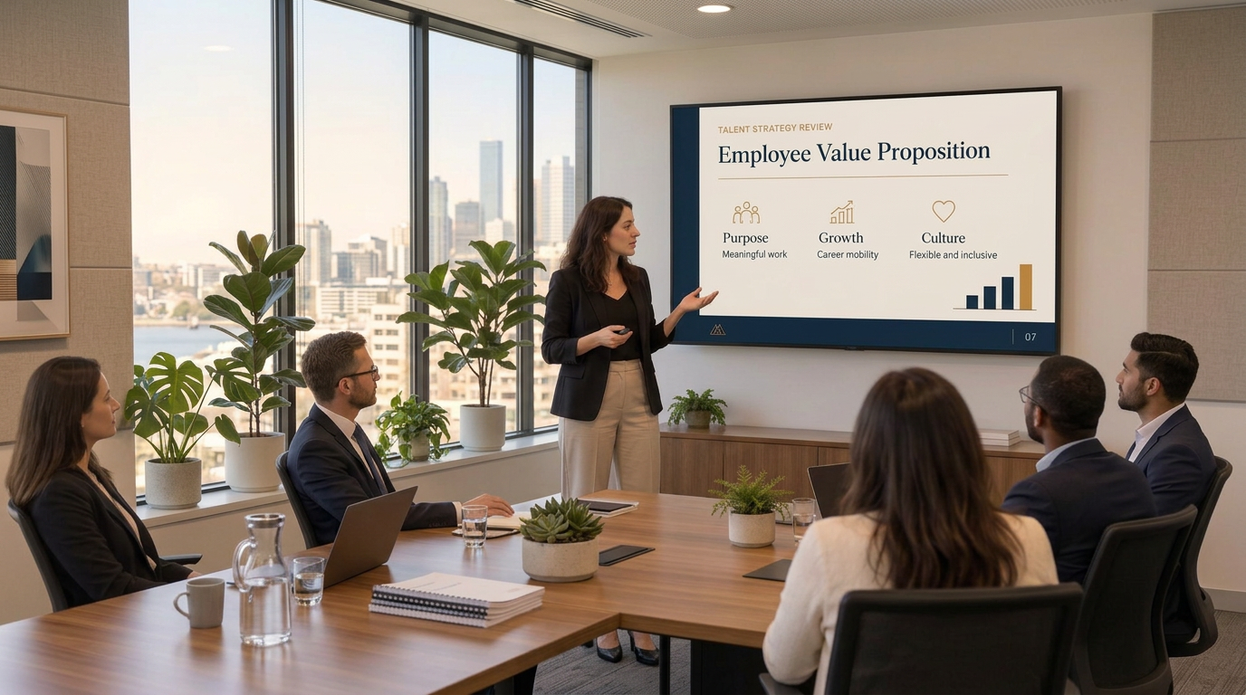 A consultant presenting to a boardroom full of professionals in a bright high-rise office