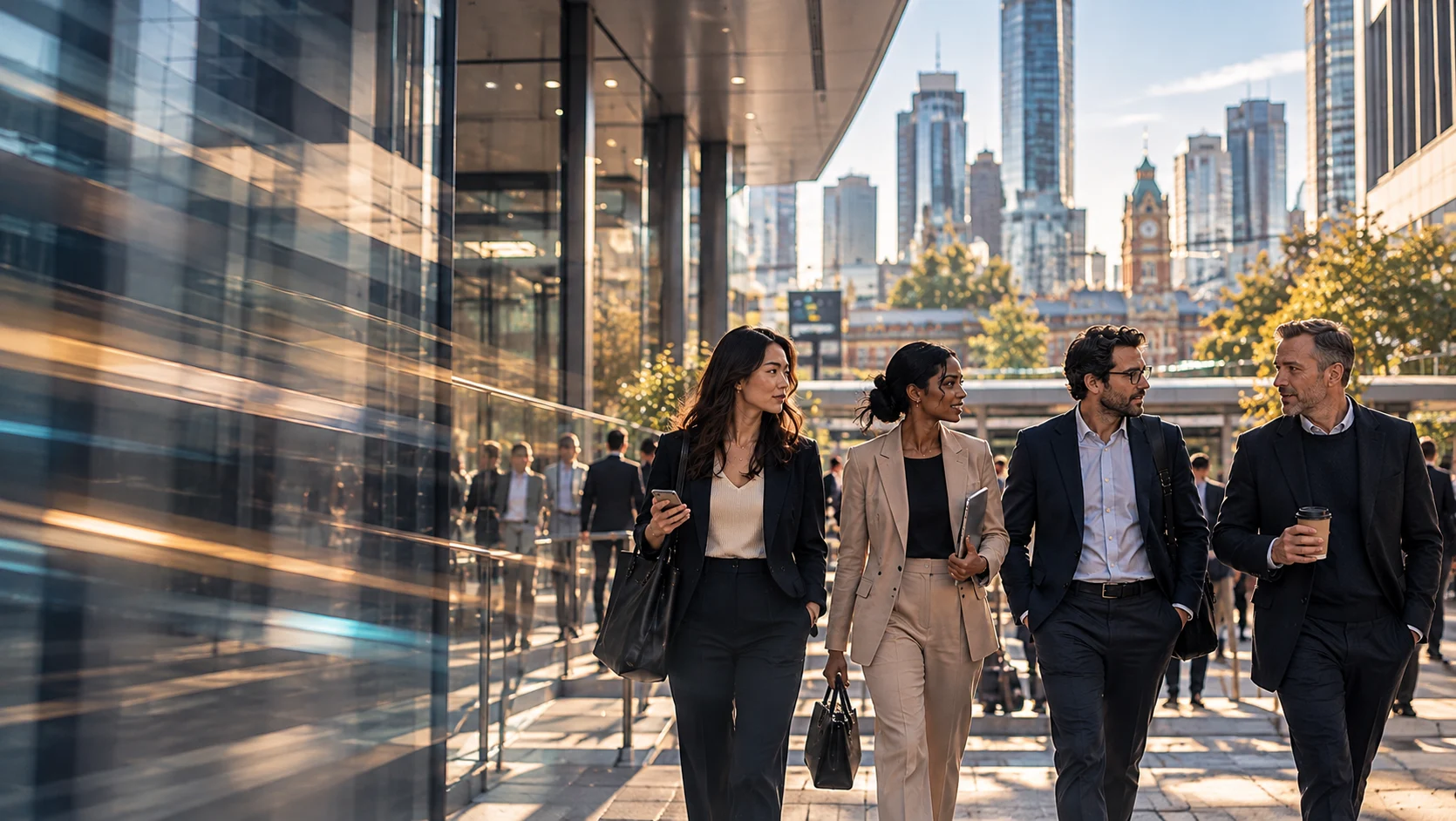 Four professionals walking together through a city business district